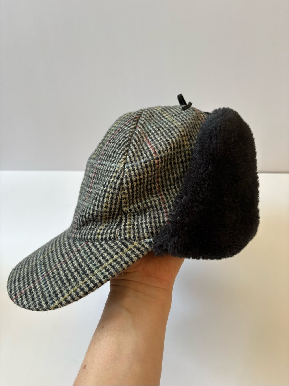 Weatherproof Wool Elmer Fudd Cap Hat L Black Grey Ear Flaps Trapper Houndstooth